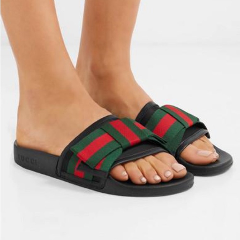 GUCCI black red green stripe bow sandal slides
